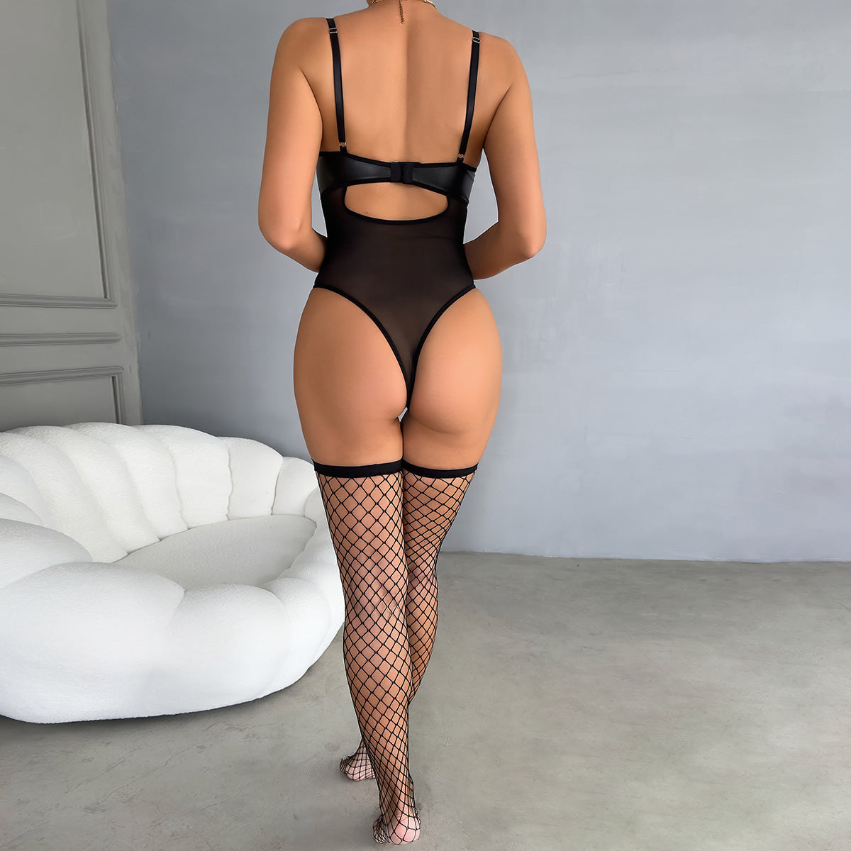 LADIES PU LEATHER BODYSUIT & STOCKINGS BLACK (SIZE S - XL)