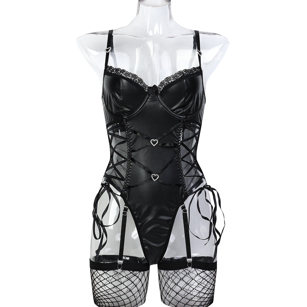 LADIES PU LEATHER BODYSUIT & STOCKINGS BLACK (SIZE S - XL)