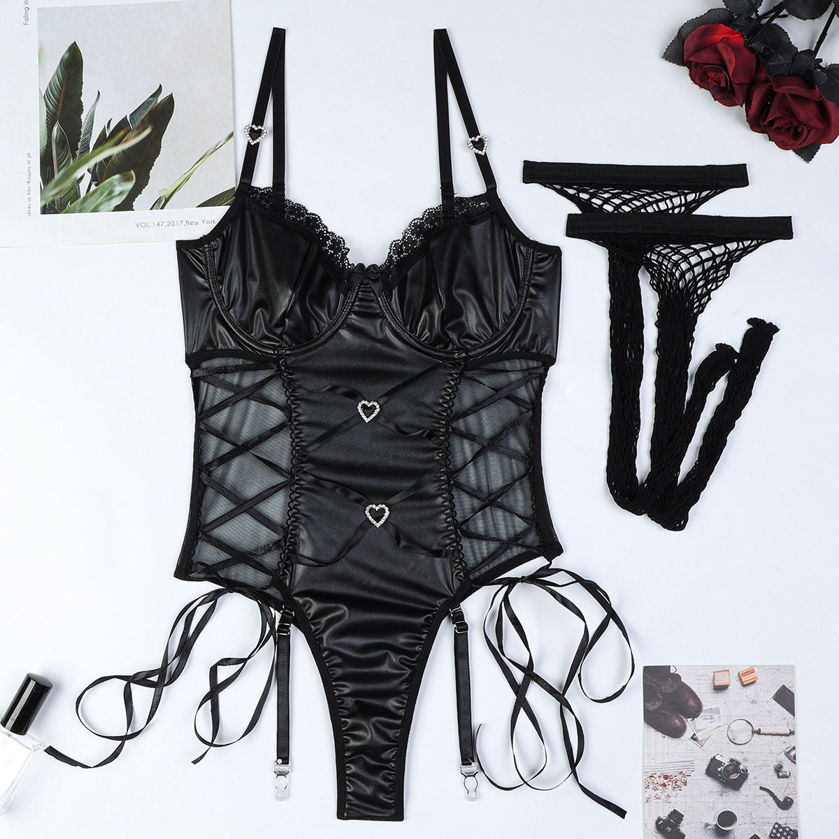 LADIES PU LEATHER BODYSUIT & STOCKINGS BLACK (SIZE S - XL)