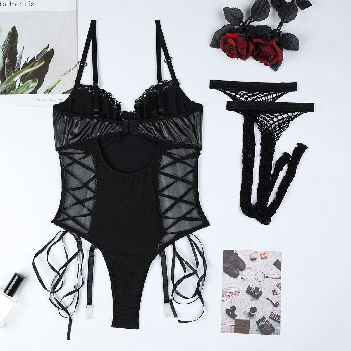 LADIES PU LEATHER BODYSUIT & STOCKINGS BLACK (SIZE S - XL)