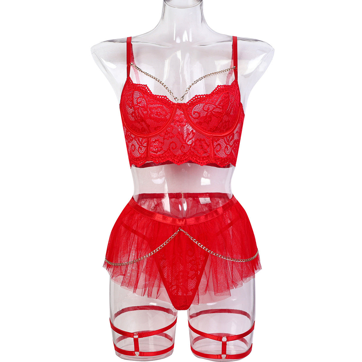 LADIES 4 PIECE RED LACE & MESH LINGERIE SET RED (SIZE S - L)