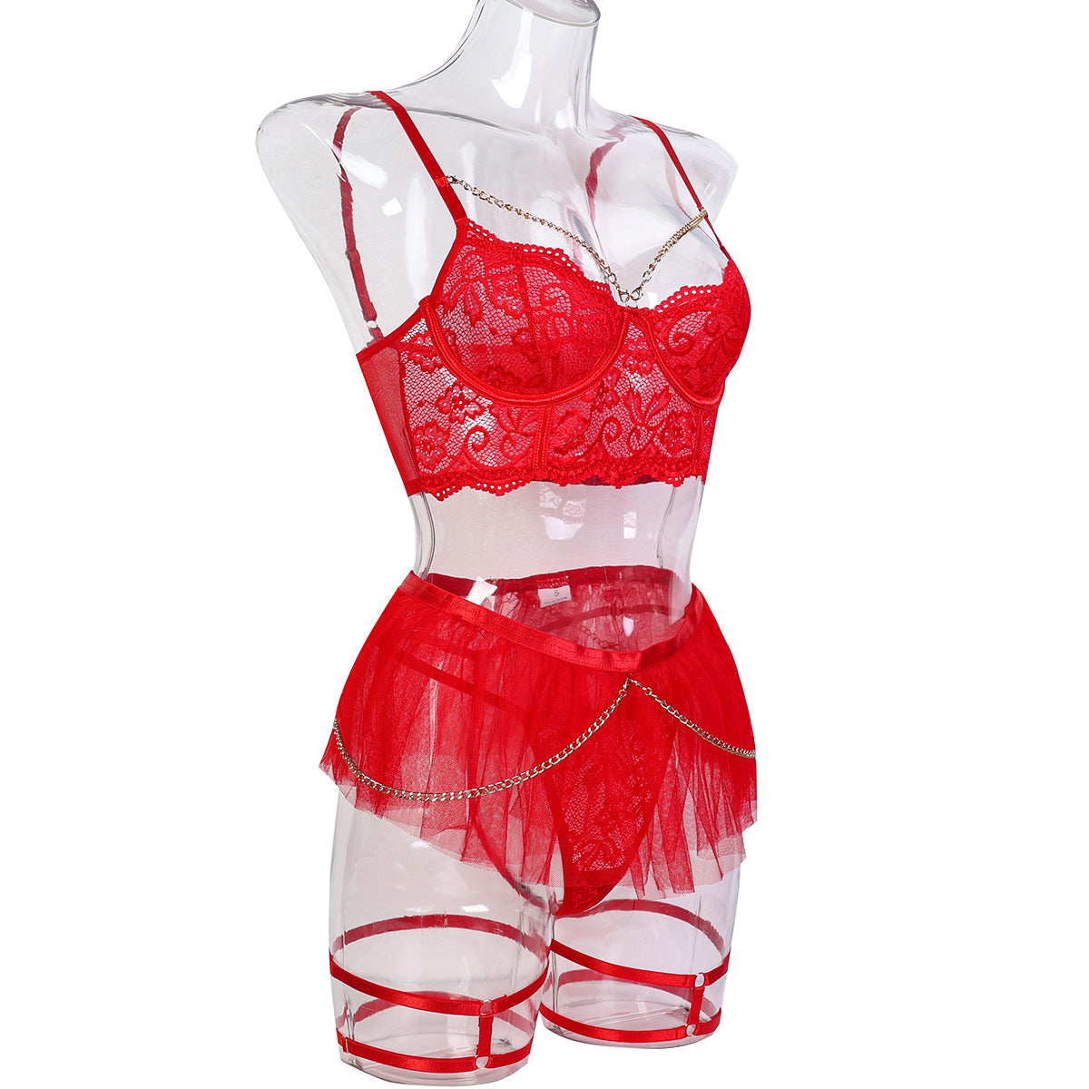 LADIES 4 PIECE RED LACE & MESH LINGERIE SET RED (SIZE S - L)
