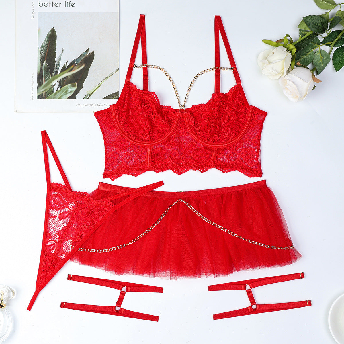 LADIES 4 PIECE RED LACE & MESH LINGERIE SET RED (SIZE S - L)