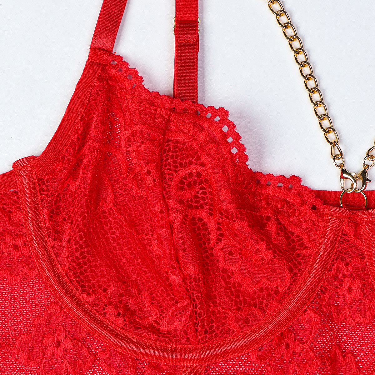 LADIES 4 PIECE RED LACE & MESH LINGERIE SET RED (SIZE S - L)