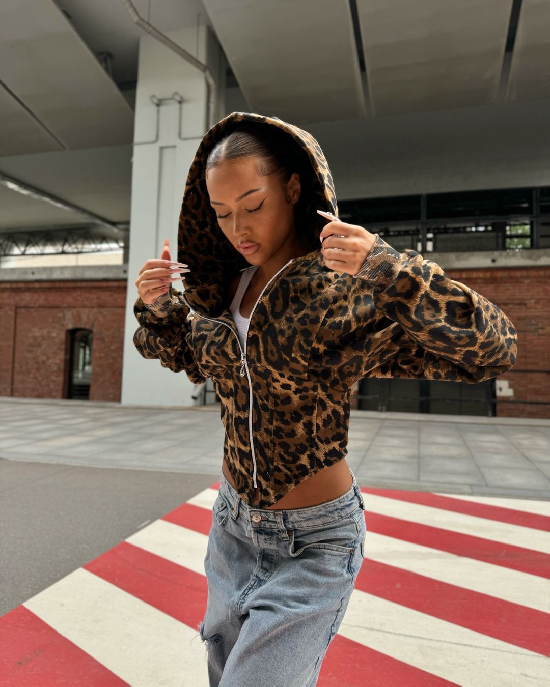 LADIES IRREGULAR WAIST HOODED JACKET LEOPARD (SIZE S - L)