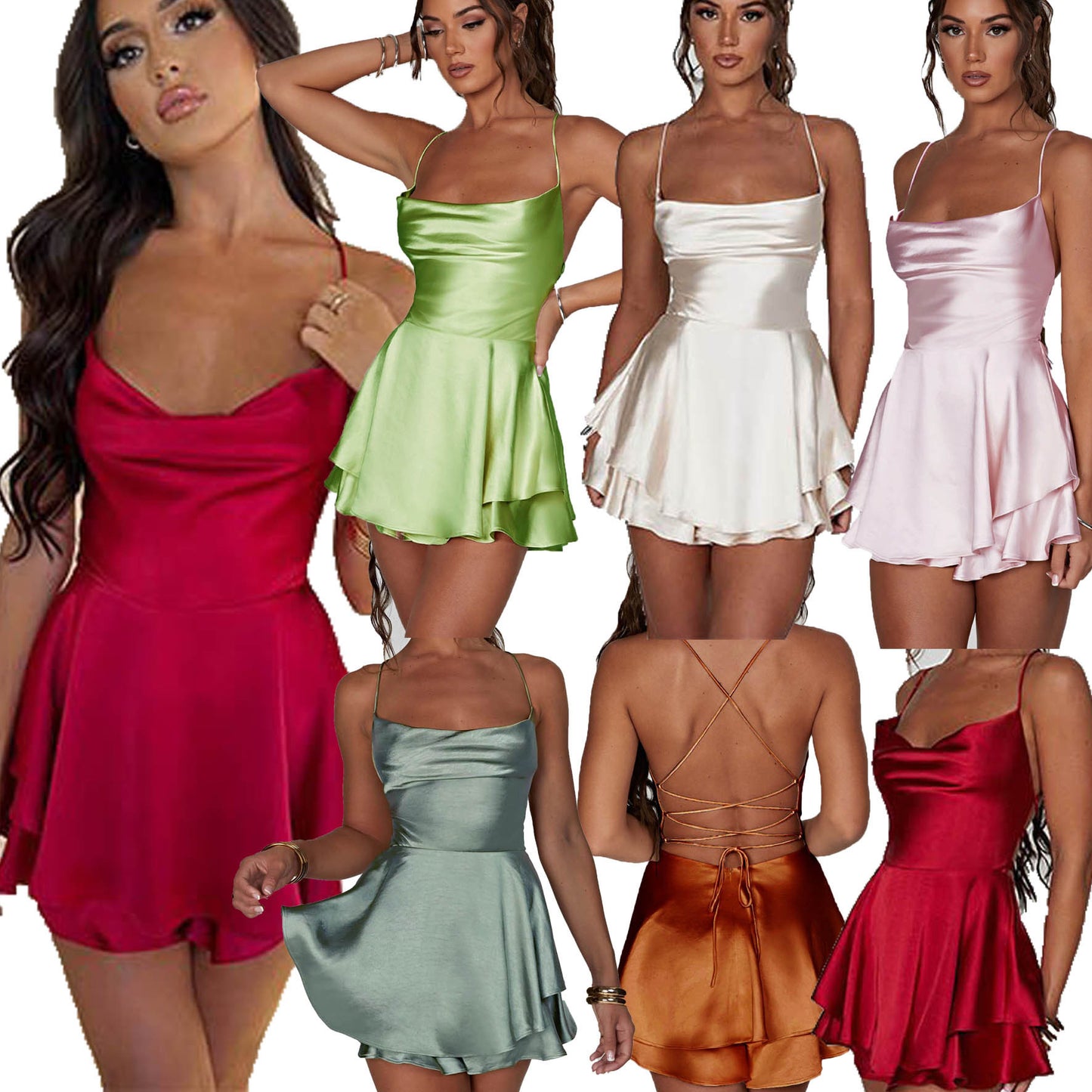 LADIES SLIM WAIST SEXY LACE UP BACK SHORT DRESS RED / CHAMPAGNE / GREEN / LIME GREEN / DARK COPPER BROWN / PINK / BLACK (SIZE: S - L)