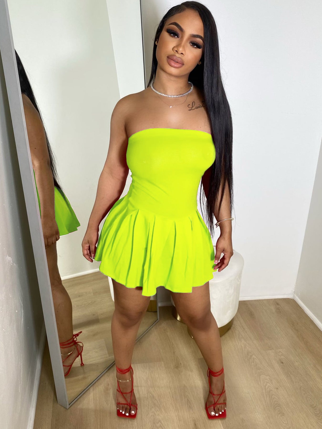 LADIES SHORT STRAPLESS DRESS GRAY / BLACK/ YELLOW-GREEN (SIZE XS - 2XL)