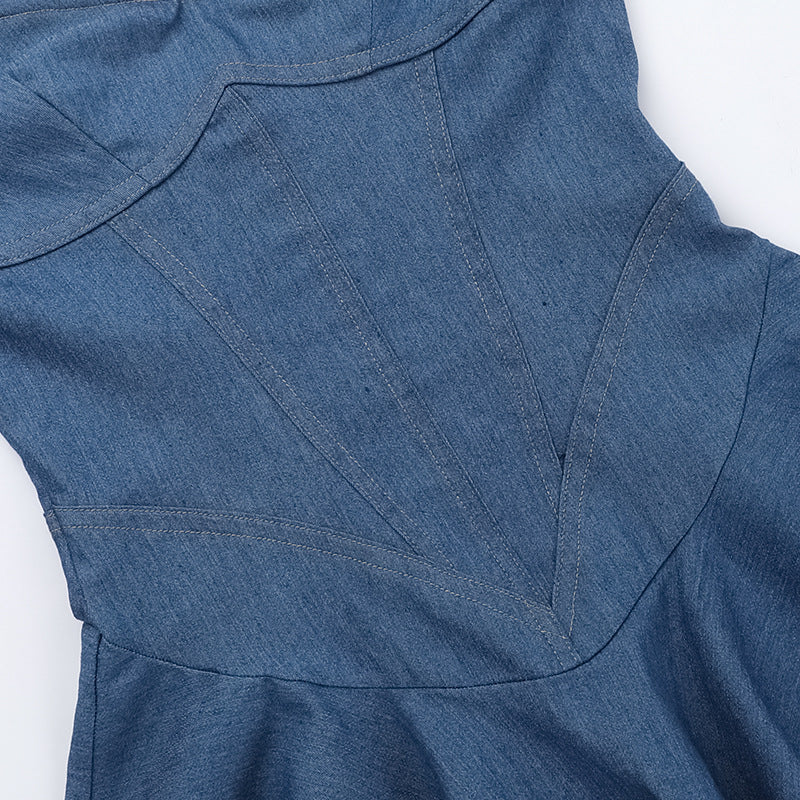 LADIES SHORT STRAPLESS DENIM MINI DRESS BLUE DENIM (SIZE S - L)