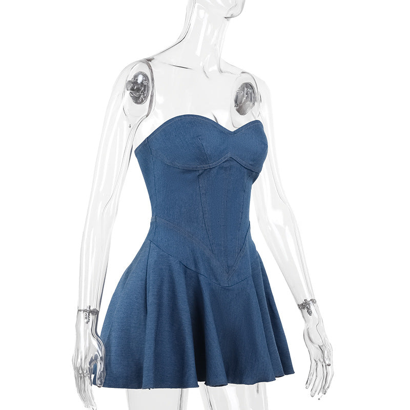 LADIES SHORT STRAPLESS DENIM MINI DRESS BLUE DENIM (SIZE S - L)
