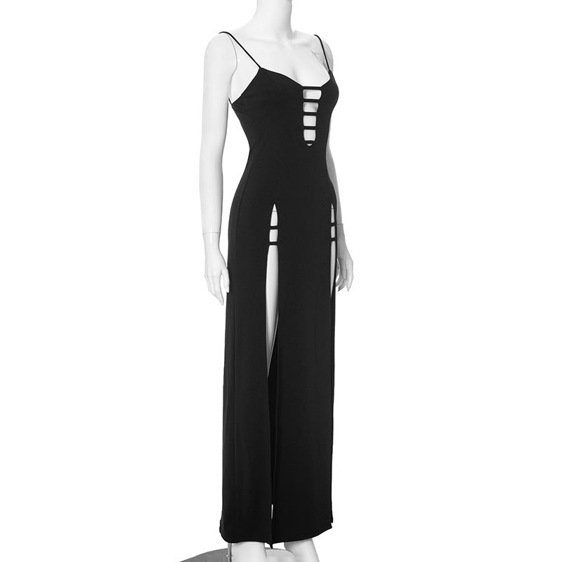 LADIES LONG DRESS WITH SLIT BLACK (SIZE S - L)