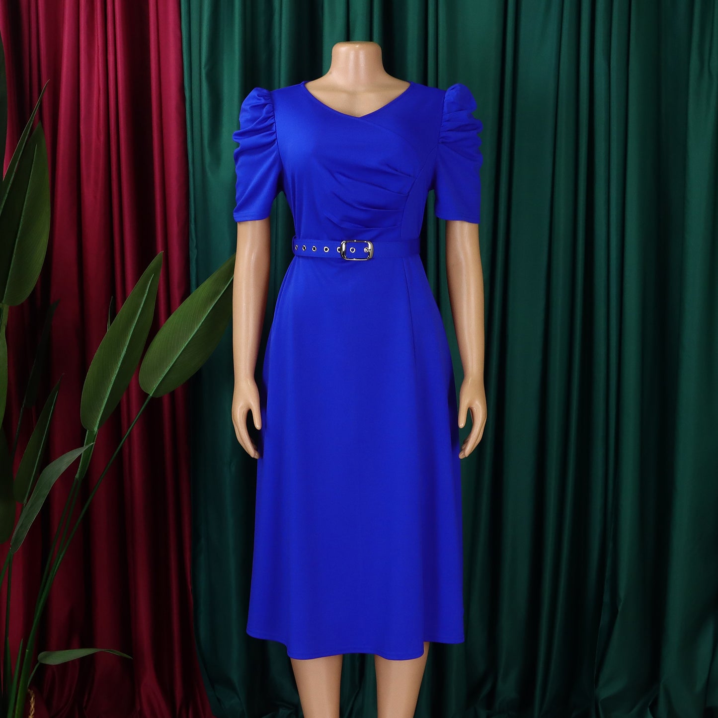 LADIES V-NECK PLEATED DRESS BRIGHT BLUE / RED / BLACK / GREEN (SIZE S - 3XL)