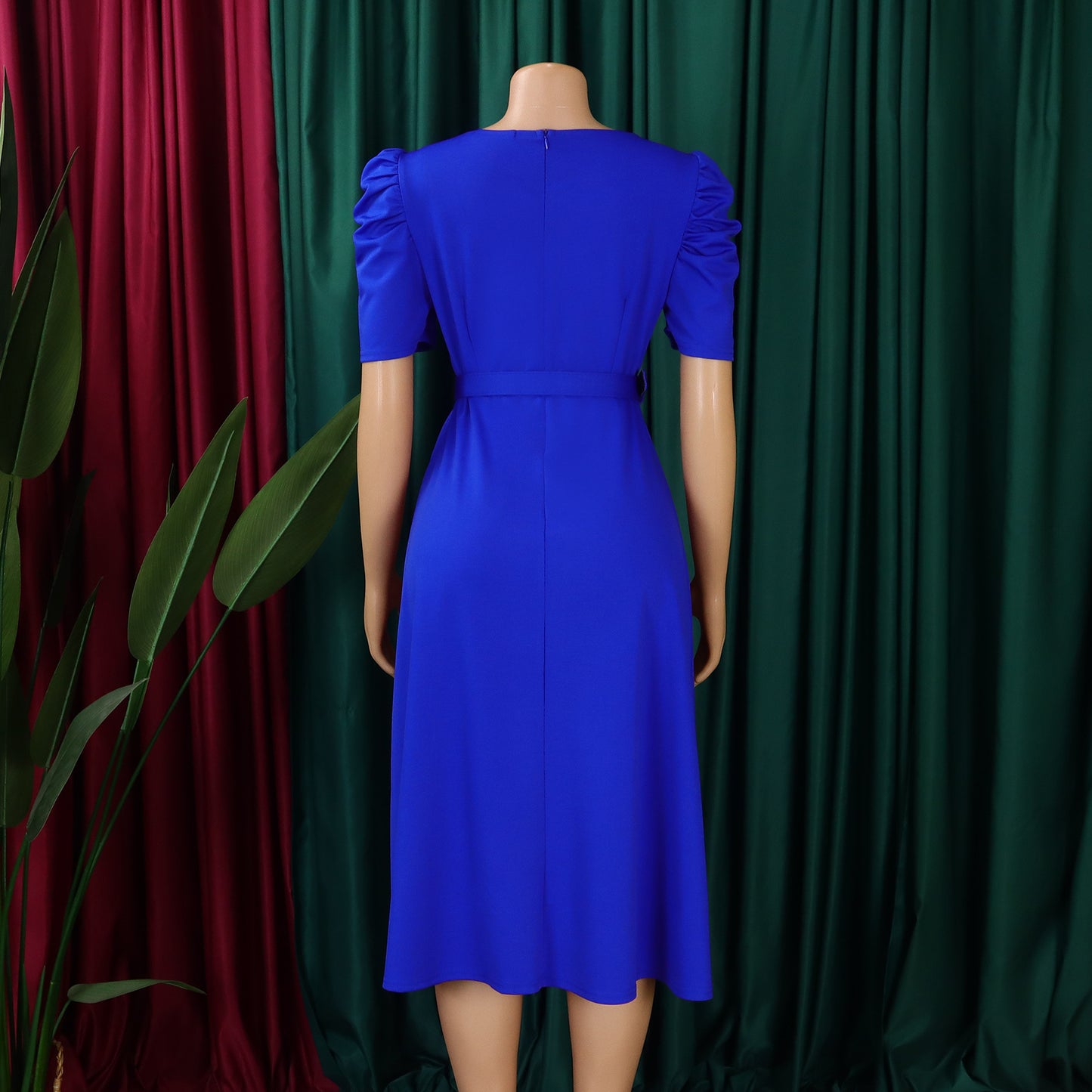 LADIES V-NECK PLEATED DRESS BRIGHT BLUE / RED / BLACK / GREEN (SIZE S - 3XL)