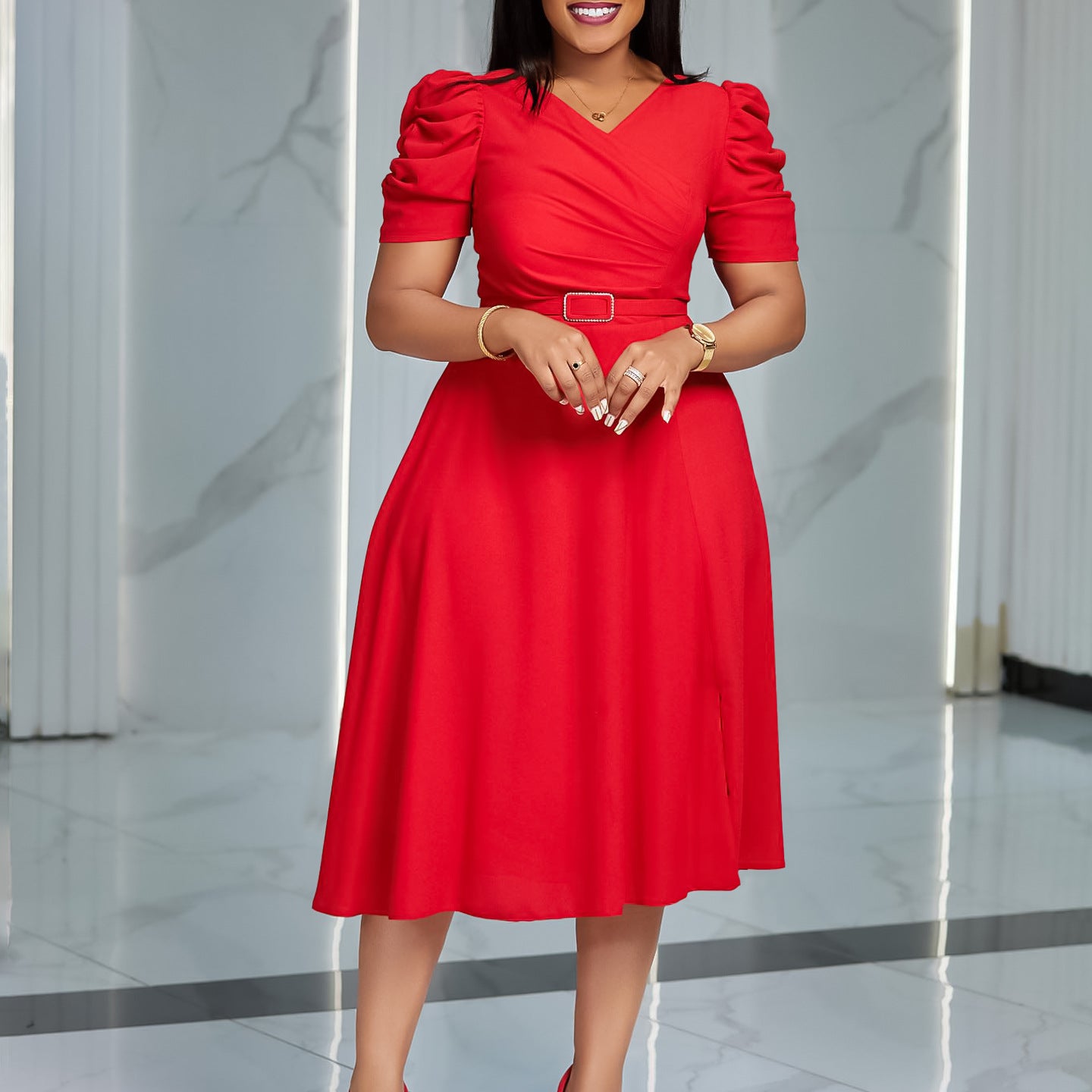 LADIES V-NECK PLEATED DRESS BRIGHT BLUE / RED / BLACK / GREEN (SIZE S - 3XL)