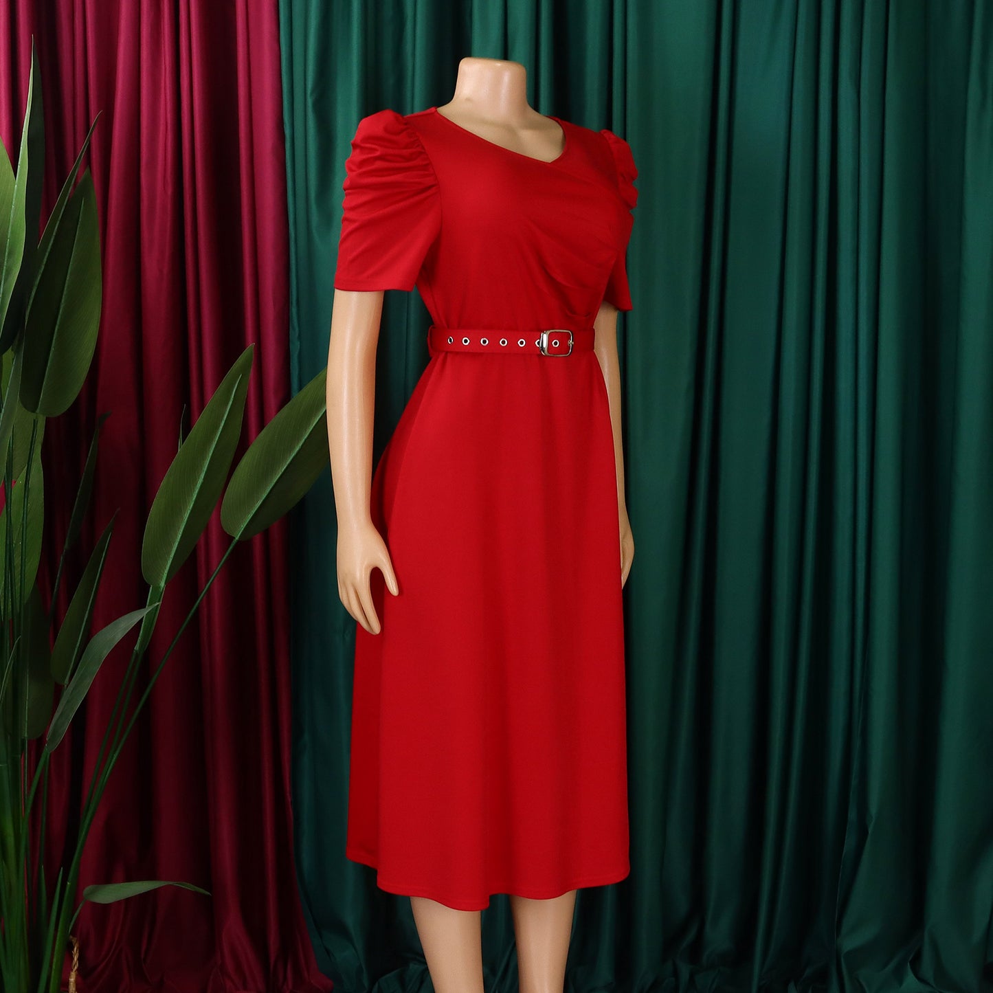 LADIES V-NECK PLEATED DRESS BRIGHT BLUE / RED / BLACK / GREEN (SIZE S - 3XL)