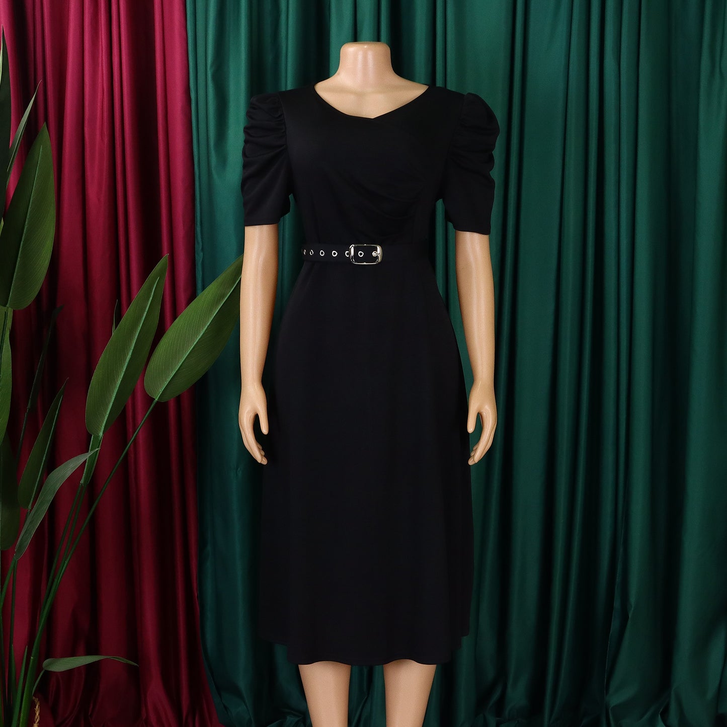 LADIES V-NECK PLEATED DRESS BRIGHT BLUE / RED / BLACK / GREEN (SIZE S - 3XL)