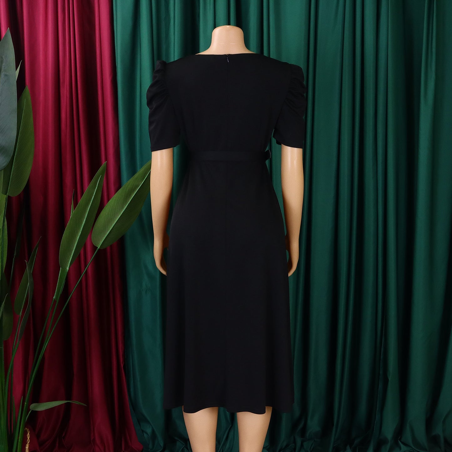 LADIES V-NECK PLEATED DRESS BRIGHT BLUE / RED / BLACK / GREEN (SIZE S - 3XL)