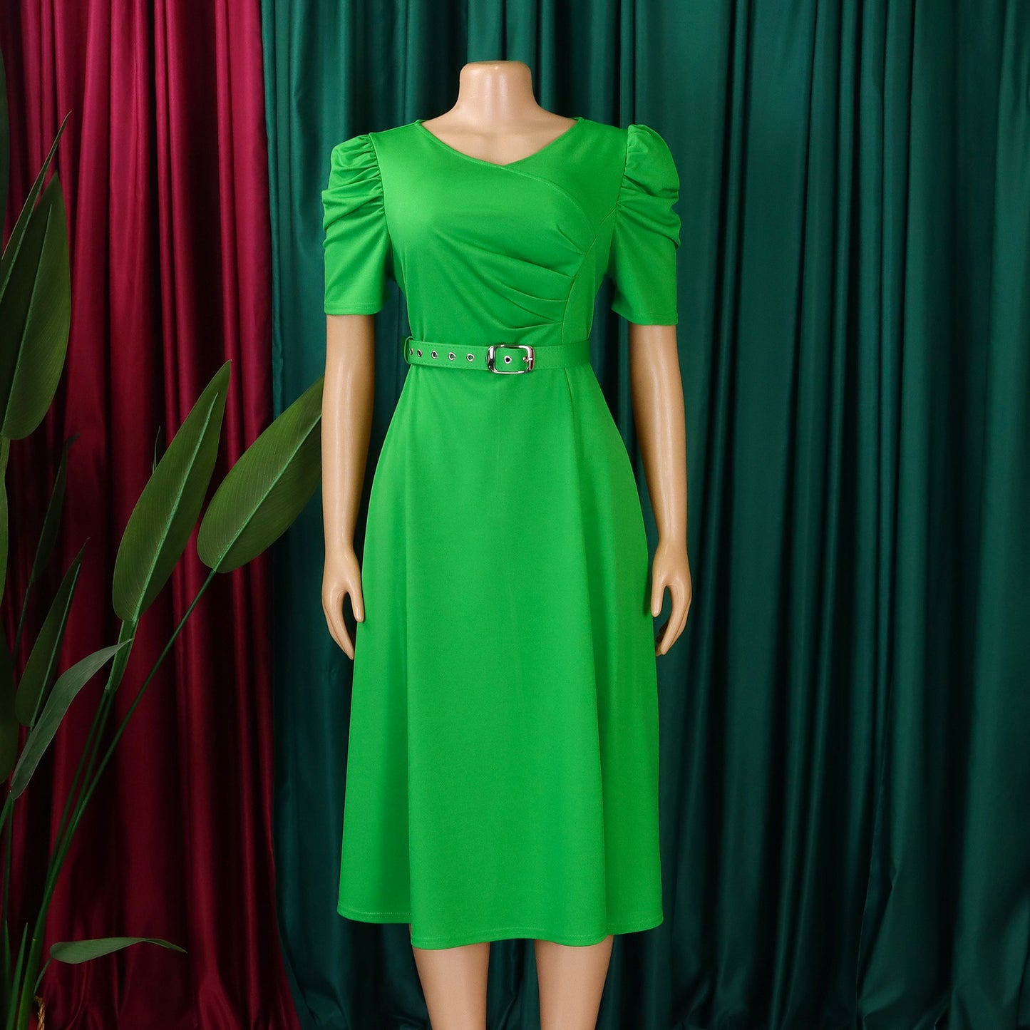 LADIES V-NECK PLEATED DRESS BRIGHT BLUE / RED / BLACK / GREEN (SIZE S - 3XL)