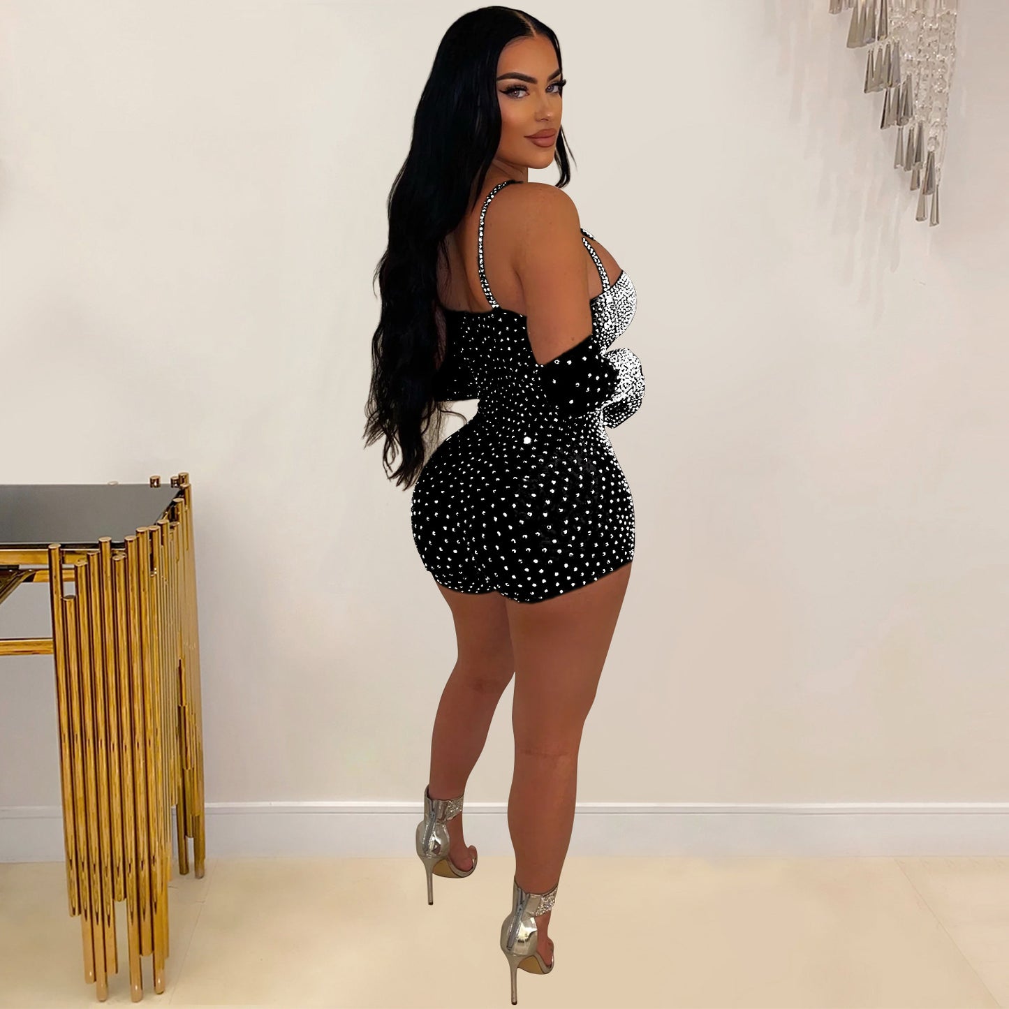 LADIES SPARKLY SEE-THROUGH MESH NIGHTCLUB JUMPSUIT/ROMPER BLACK / APRICOT-BEIGE (SIZE S - 2XL)