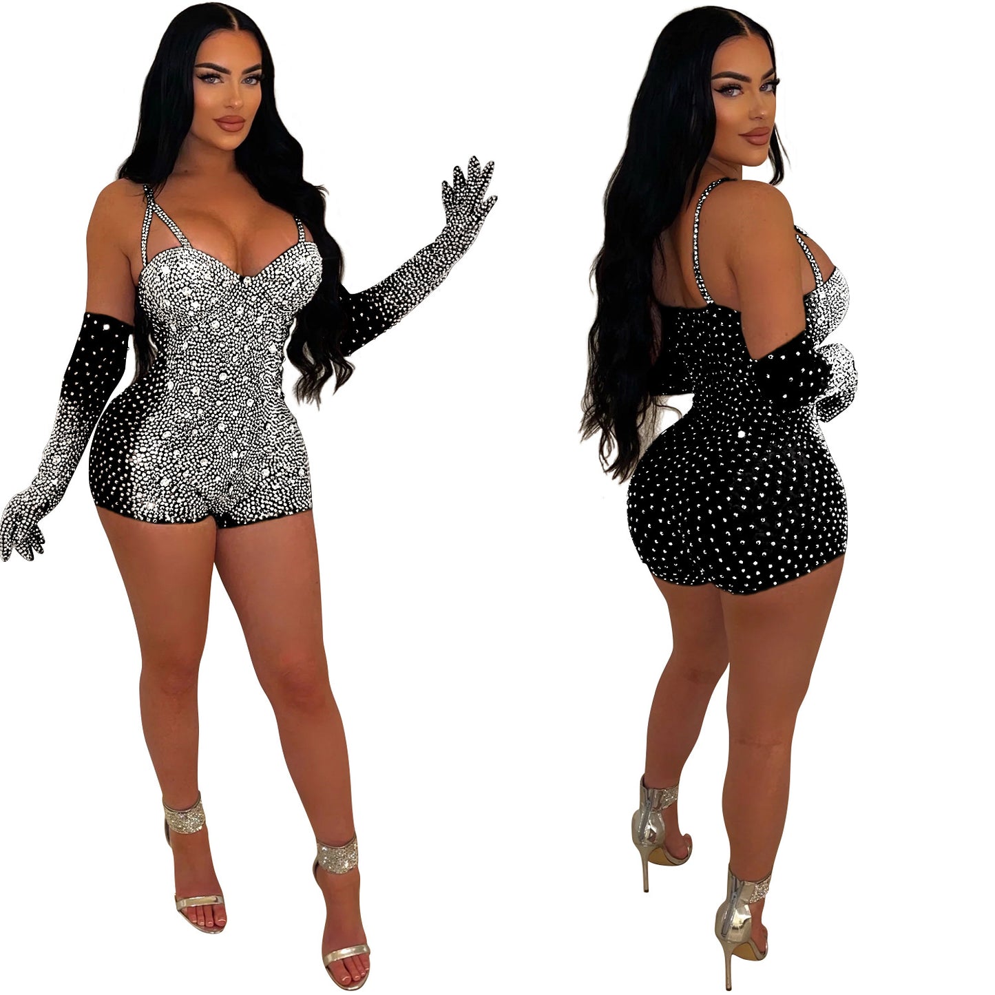 LADIES SPARKLY SEE-THROUGH MESH NIGHTCLUB JUMPSUIT/ROMPER BLACK / APRICOT-BEIGE (SIZE S - 2XL)