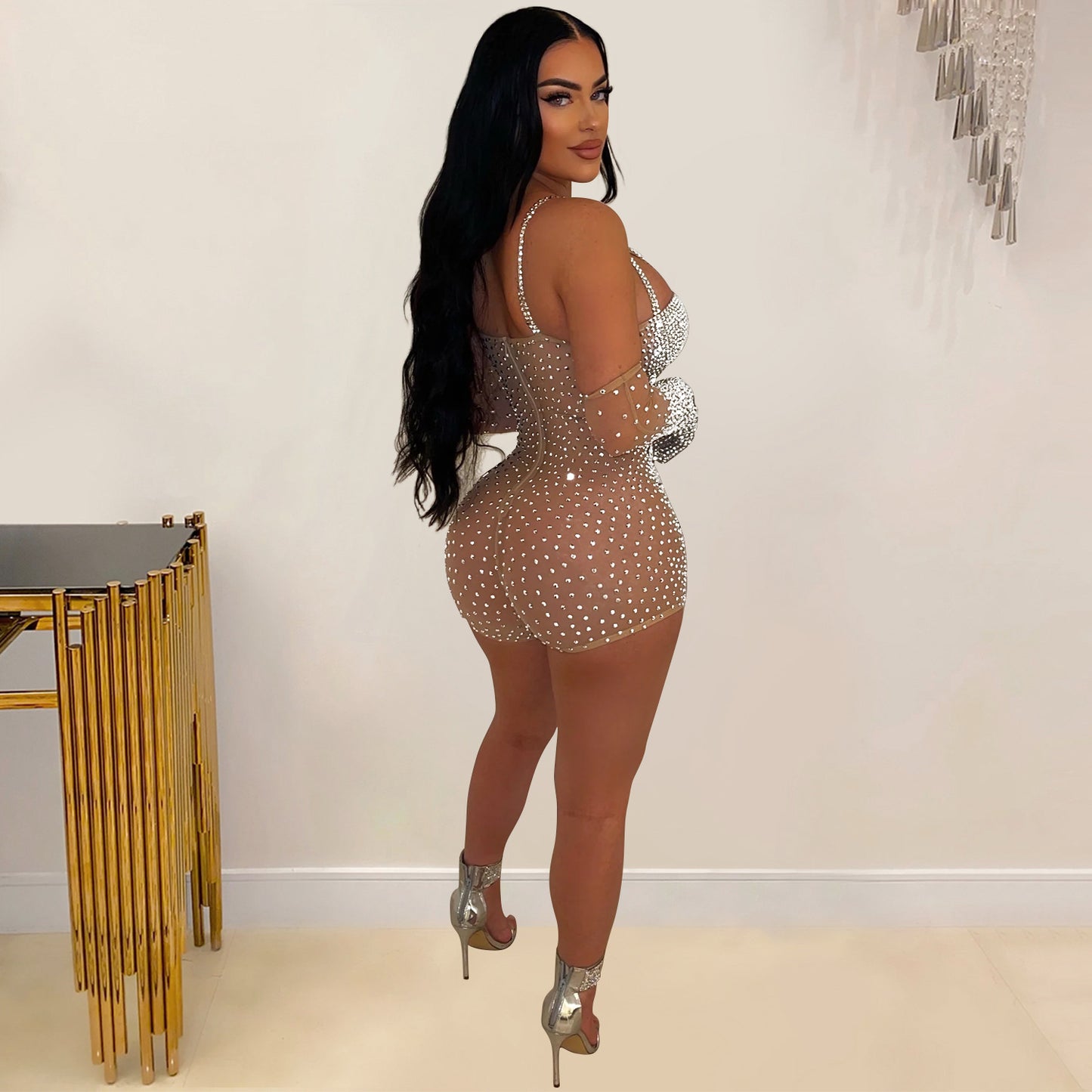 LADIES SPARKLY SEE-THROUGH MESH NIGHTCLUB JUMPSUIT/ROMPER BLACK / APRICOT-BEIGE (SIZE S - 2XL)