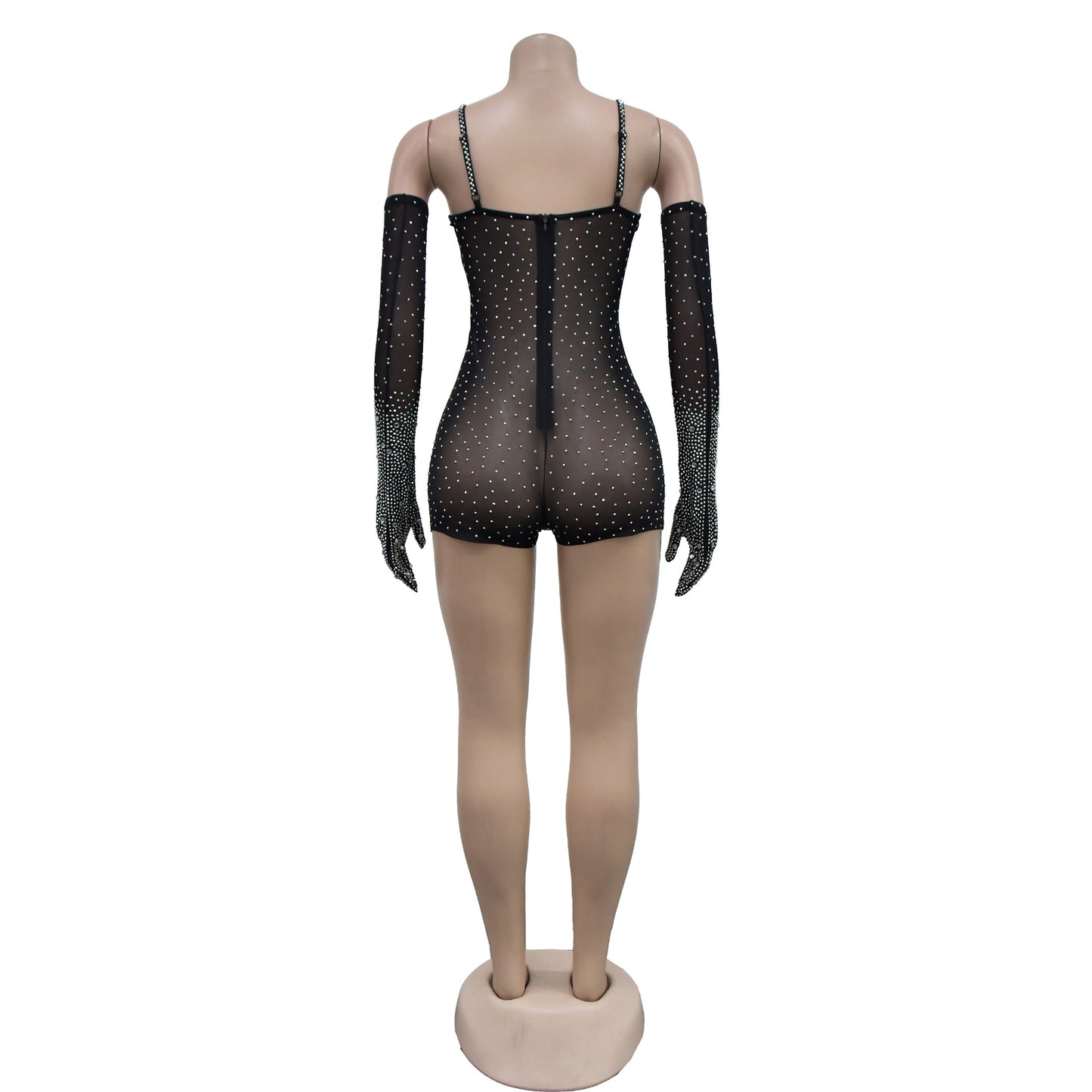LADIES SPARKLY SEE-THROUGH MESH NIGHTCLUB JUMPSUIT/ROMPER BLACK / APRICOT-BEIGE (SIZE S - 2XL)