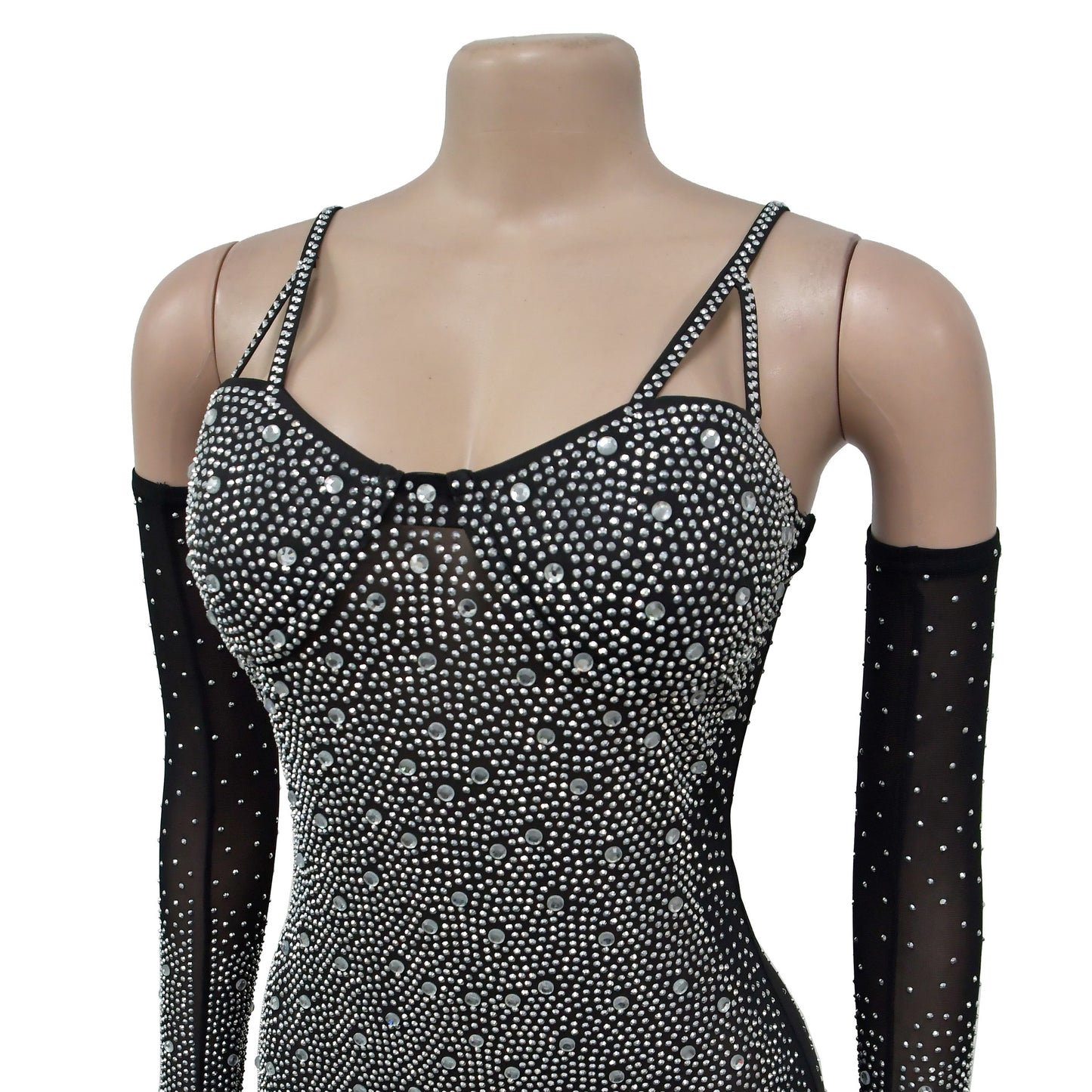 LADIES SPARKLY SEE-THROUGH MESH NIGHTCLUB JUMPSUIT/ROMPER BLACK / APRICOT-BEIGE (SIZE S - 2XL)