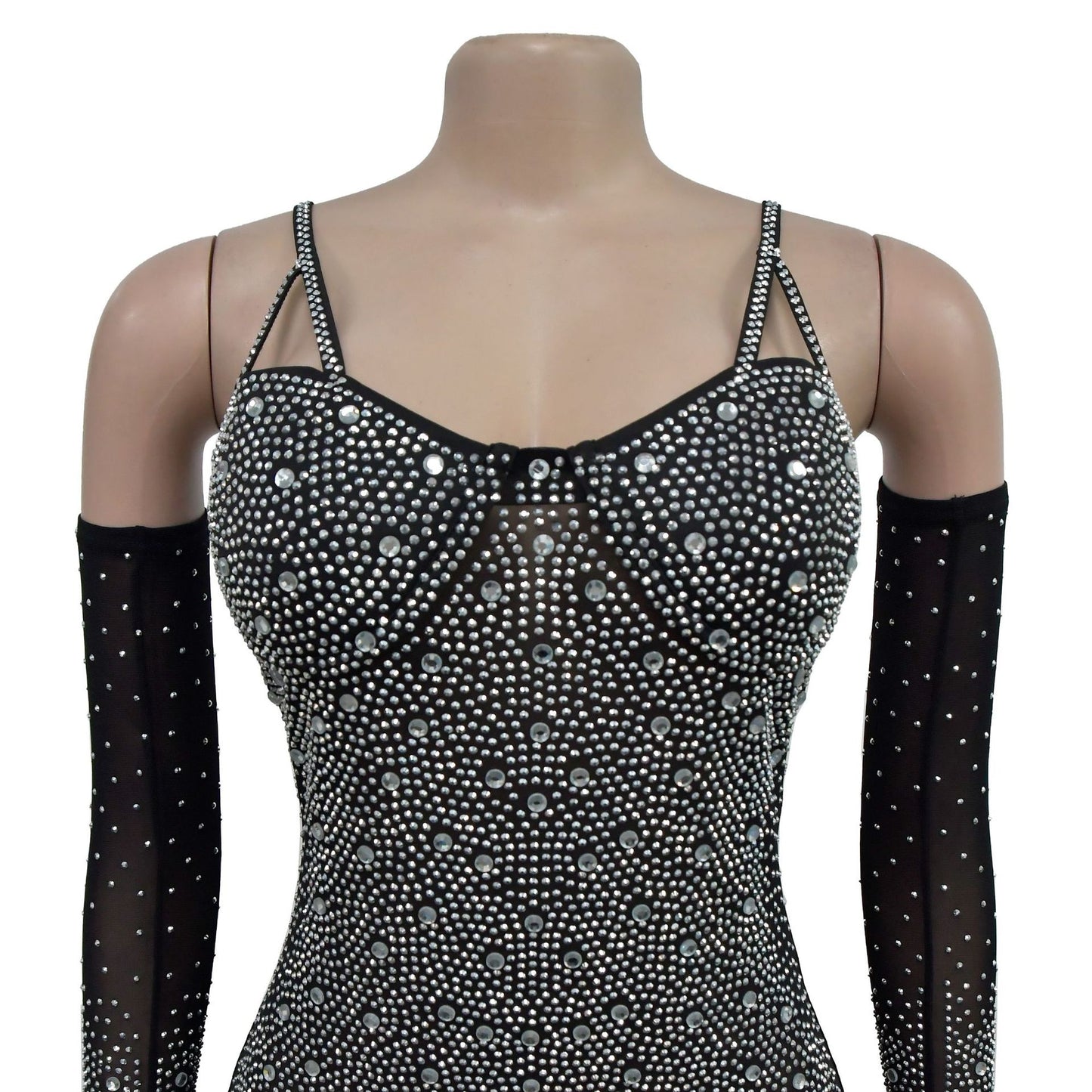 LADIES SPARKLY SEE-THROUGH MESH NIGHTCLUB JUMPSUIT/ROMPER BLACK / APRICOT-BEIGE (SIZE S - 2XL)