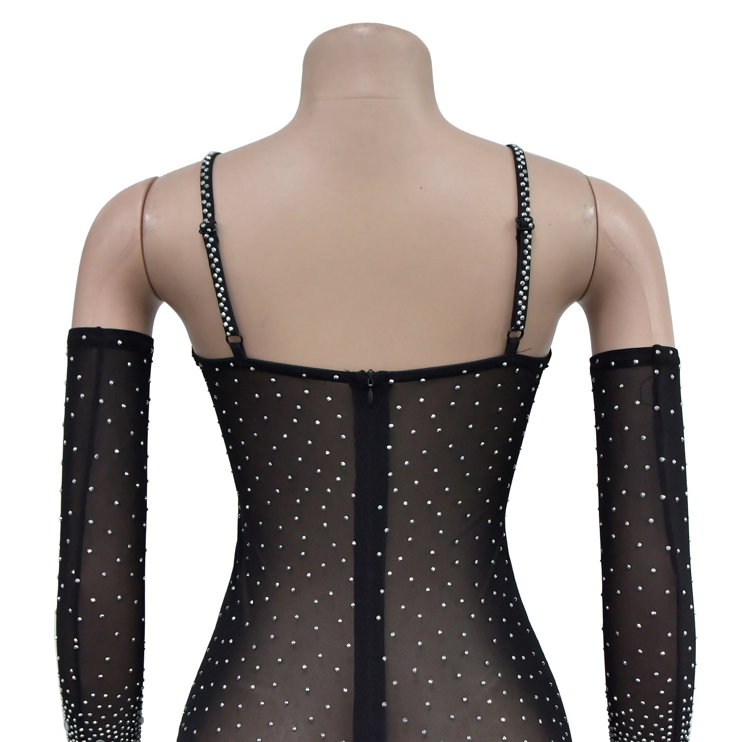 LADIES SPARKLY SEE-THROUGH MESH NIGHTCLUB JUMPSUIT/ROMPER BLACK / APRICOT-BEIGE (SIZE S - 2XL)