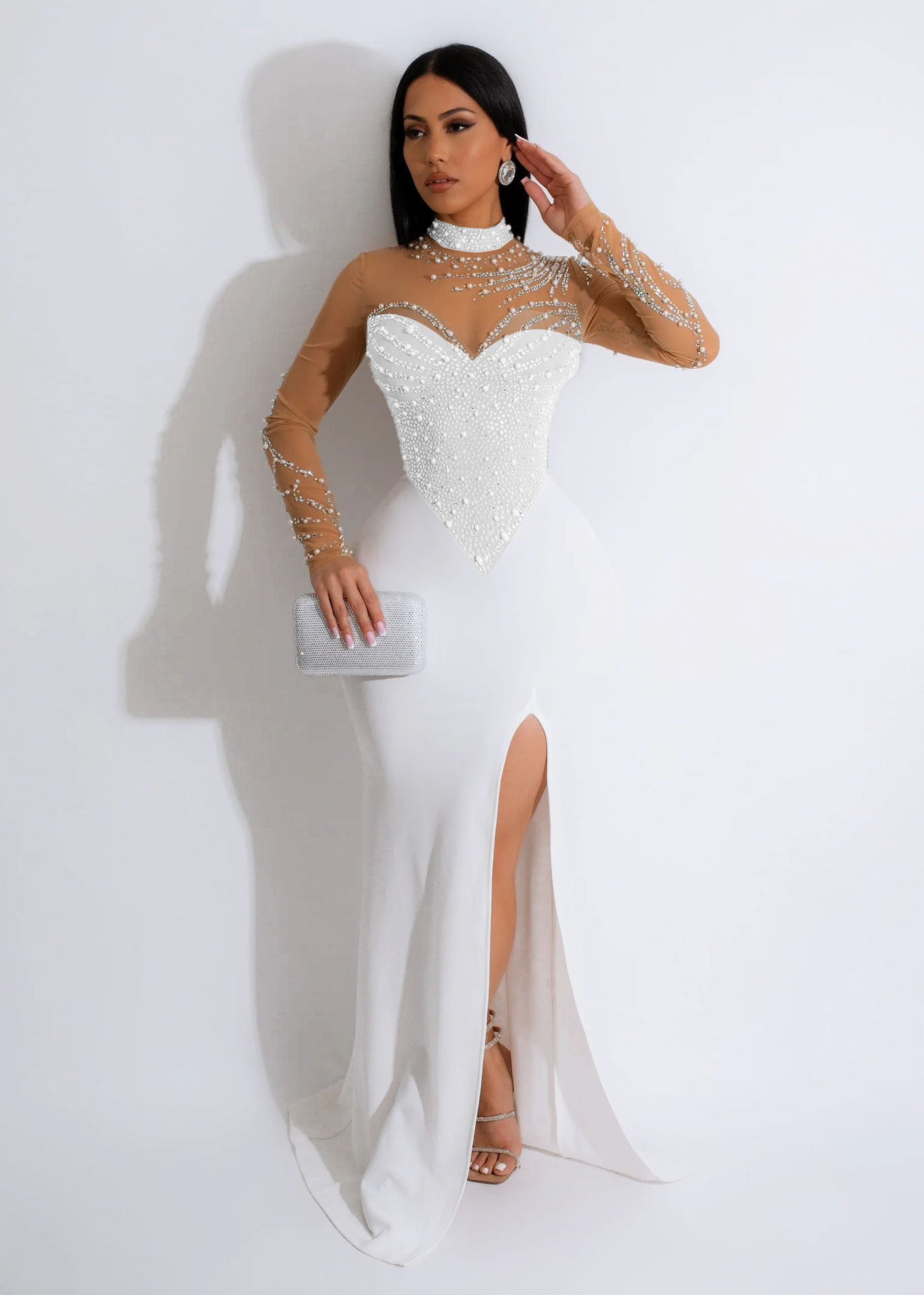 LADIES SEE-THROUGH BODYCON DRESS WITH SLIT BLACK / WHITE / DARK GREEN / PINK / BLUE (SIZE S - 3XL)