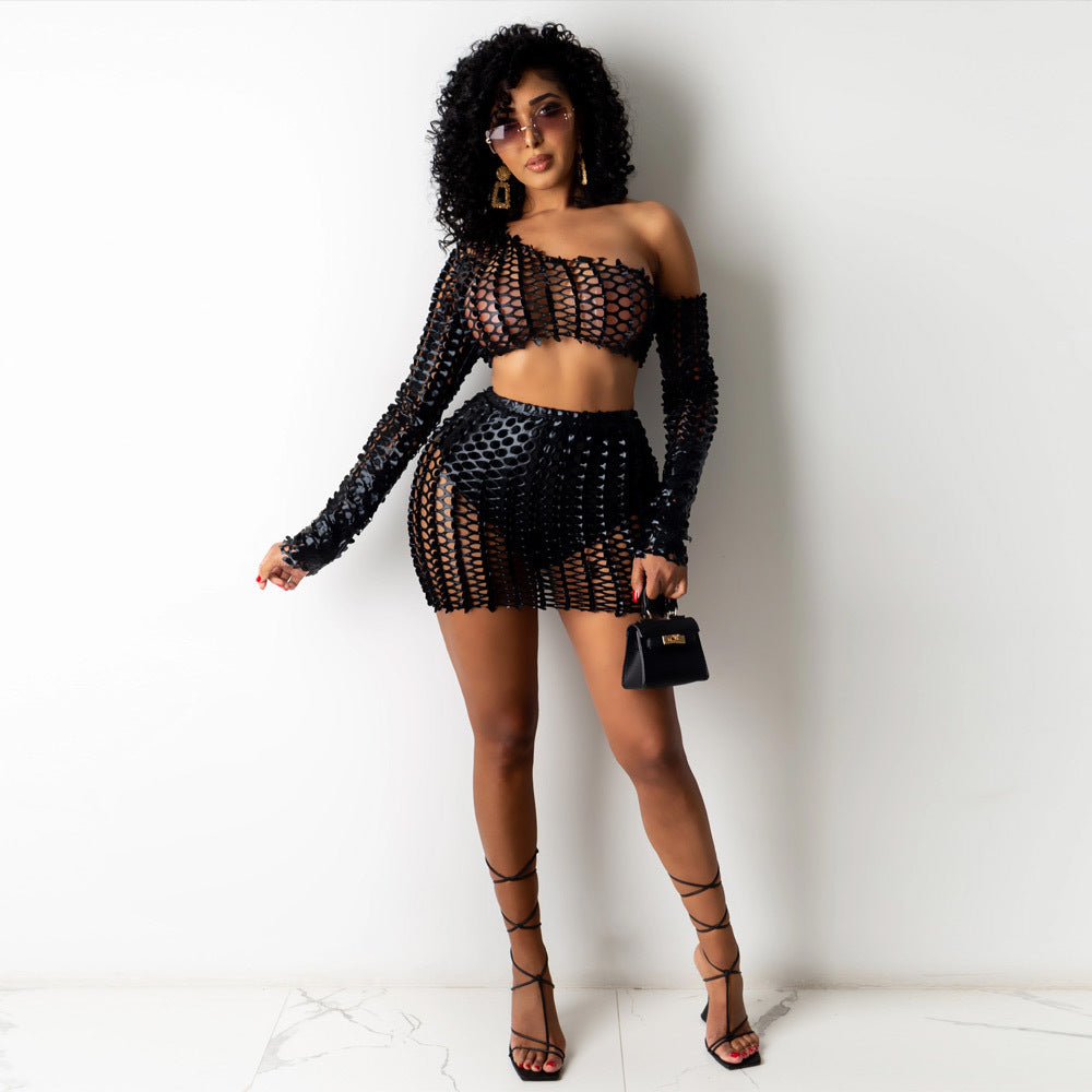 LADIES SEXY MESH NIGHTCLUB TOP & SKIRT SET DIFFERENT COLOURS (SIZE S - 2XL)