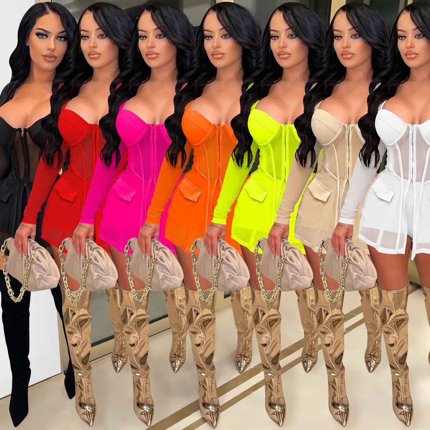 LADIES MESH SEE THROUGH TWO PIECE SHORTS SET 7 DIFFERENT COLOURS (SIZE S - 2XL)