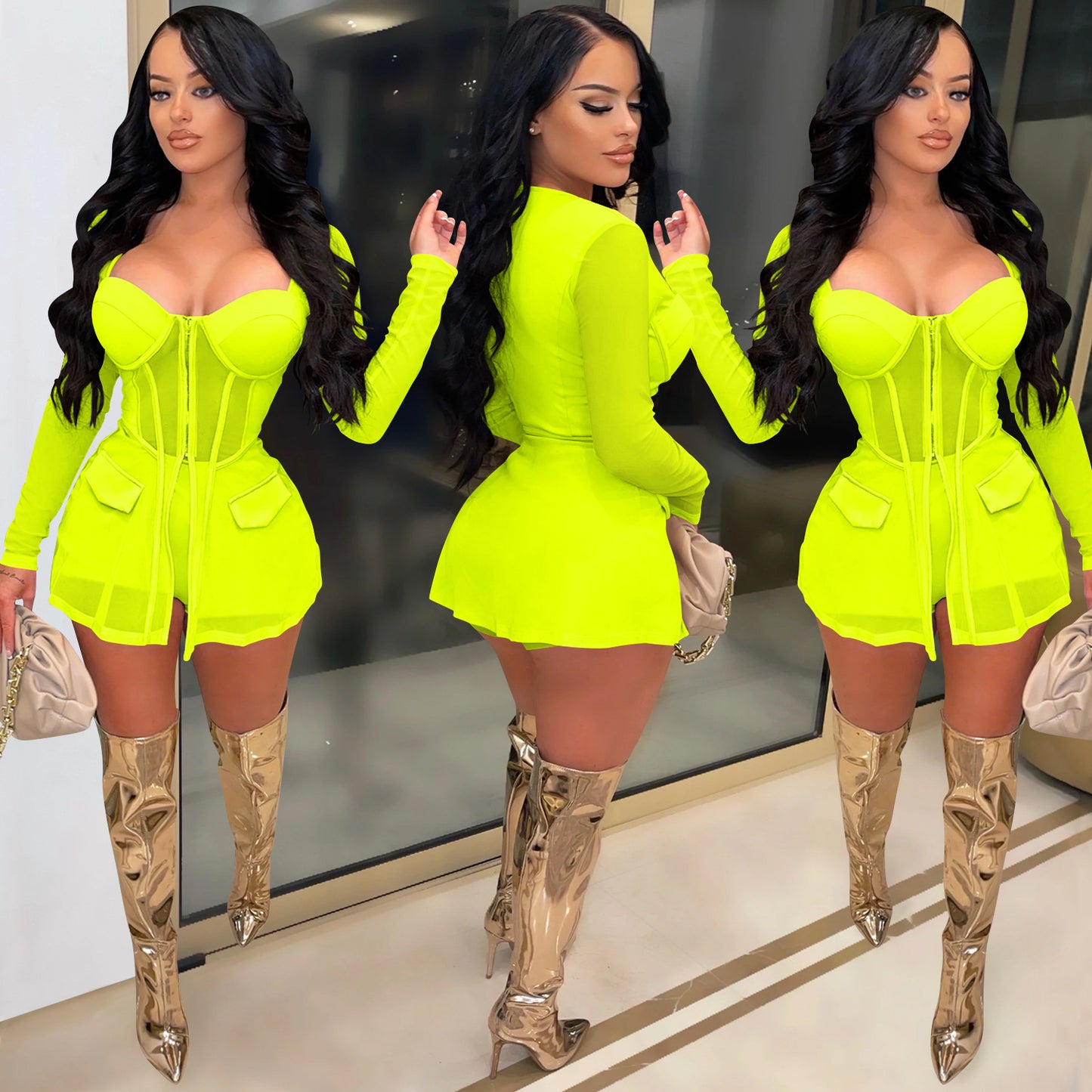 LADIES MESH SEE THROUGH TWO PIECE SHORTS SET 7 DIFFERENT COLOURS (SIZE S - 2XL)