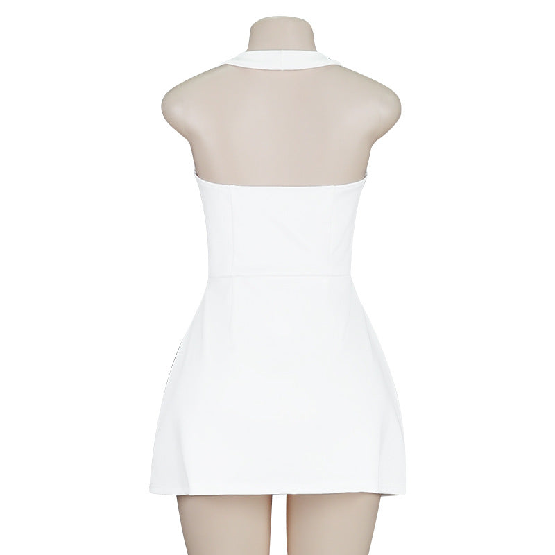 LADIES SLEEVELESS HALTERNECK DRESS WHITE / BLACK (SIZE S - L)