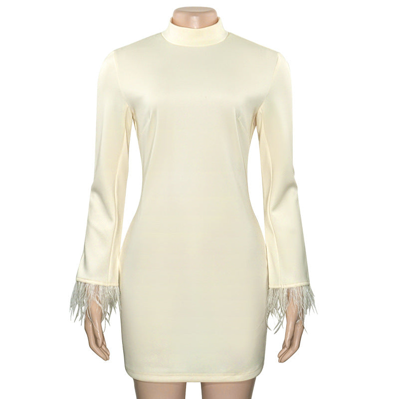 LADIES LONG SLEEVE DRESS WITH FEATHER TRIM APRICOT (SIZE S - L)