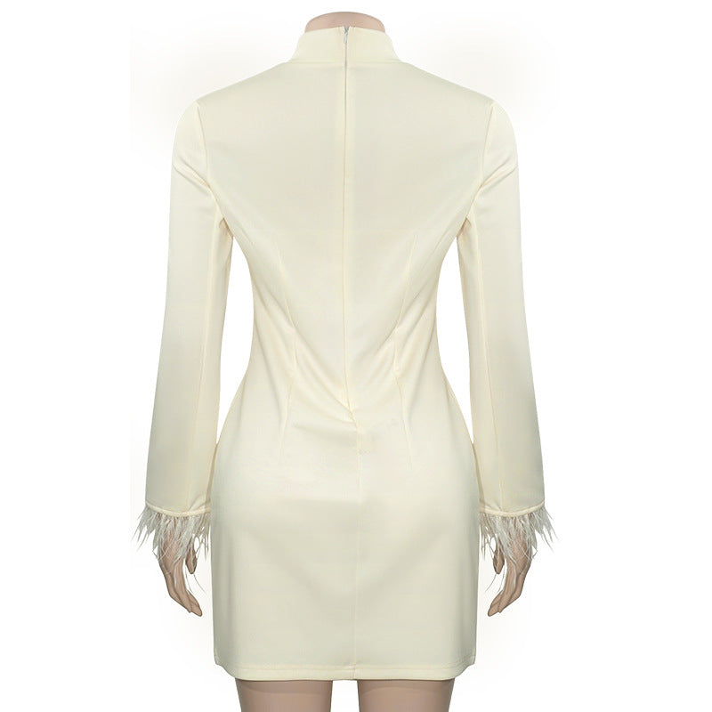 LADIES LONG SLEEVE DRESS WITH FEATHER TRIM APRICOT (SIZE S - L)