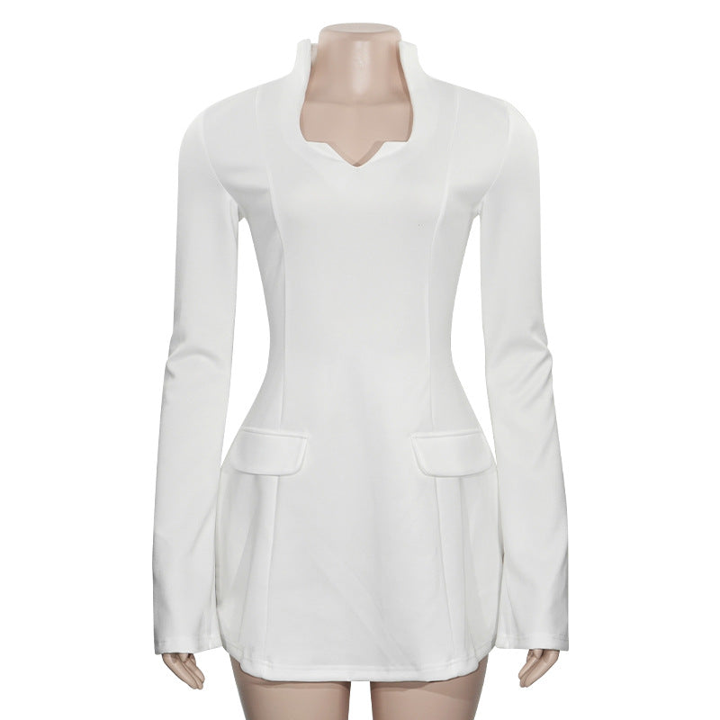 LADIES LONG SLEEVE SHORT DRESS WHITE (SIZE S - L)