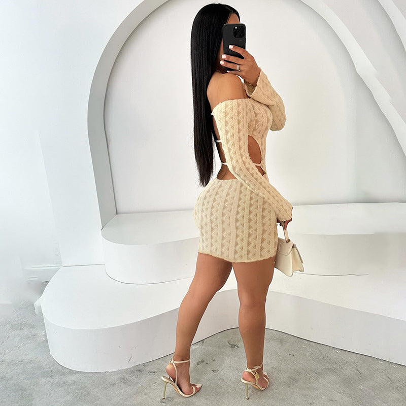 LADIES SHORT OFF THE SHOULDER BODYCON DRESS KHAKI (SIZE S - L)