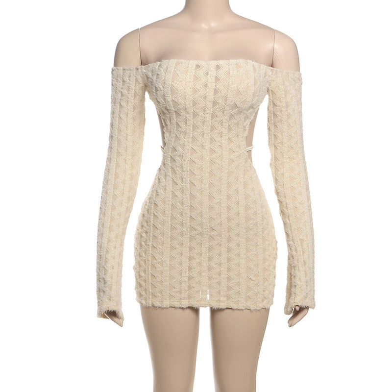 LADIES SHORT OFF THE SHOULDER BODYCON DRESS KHAKI (SIZE S - L)