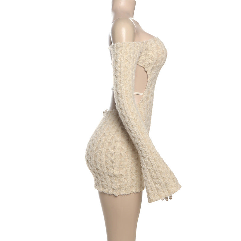 LADIES SHORT OFF THE SHOULDER BODYCON DRESS KHAKI (SIZE S - L)