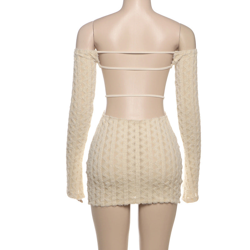 LADIES SHORT OFF THE SHOULDER BODYCON DRESS KHAKI (SIZE S - L)