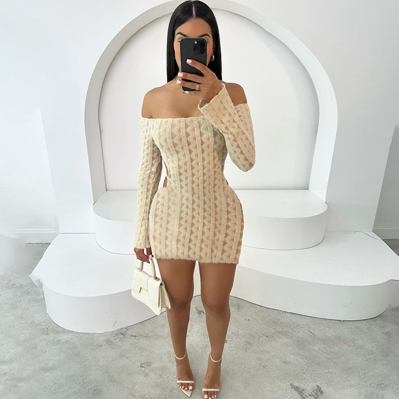 LADIES SHORT OFF THE SHOULDER BODYCON DRESS KHAKI (SIZE S - L)
