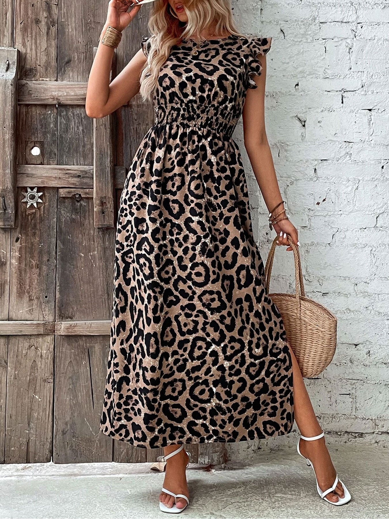 LADIES SHORT SLEEVE LEOPARD PRINT DRESS LEOPARD PRINT (SIZE S - 2XL)