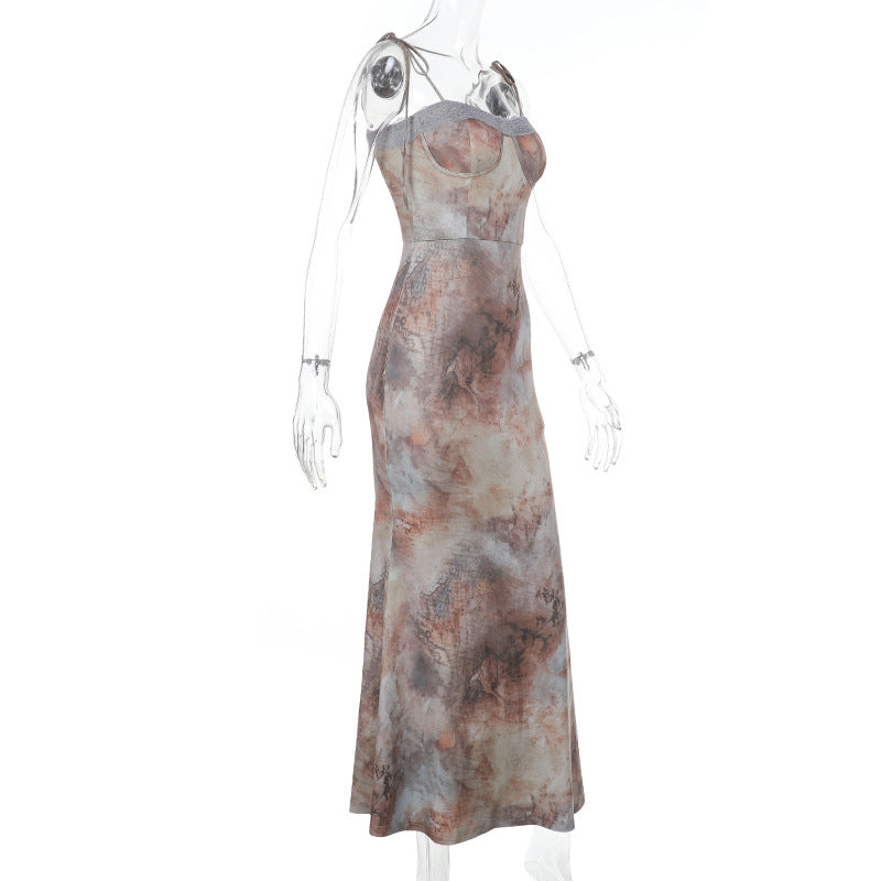 LADIES LONG LACE DRESS YELLOW-WHITE (SIZE XS - L)