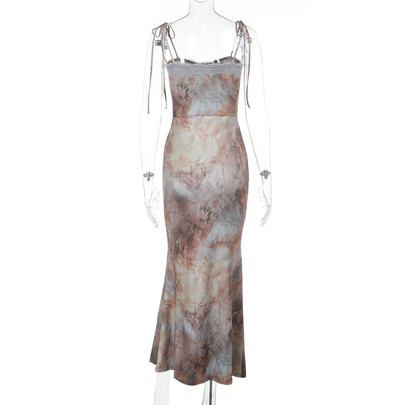 LADIES LONG LACE DRESS YELLOW-WHITE (SIZE XS - L)