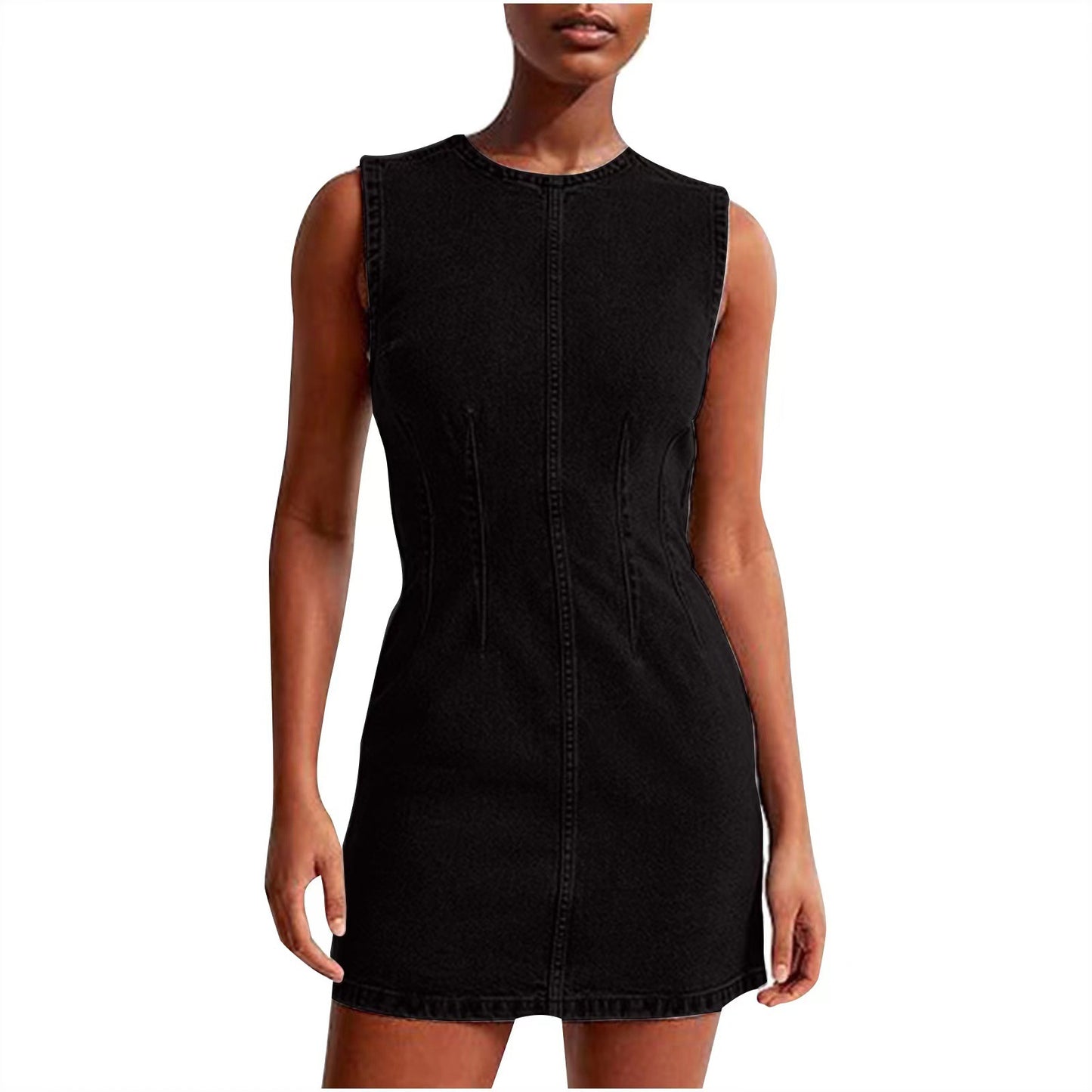 LADIES SHORT SLEEVELESS DENIM DRESS LIGHT BLUE DENIM / BLACK / WHITE / DARK BLUE DENIM (SIZE S - XL)