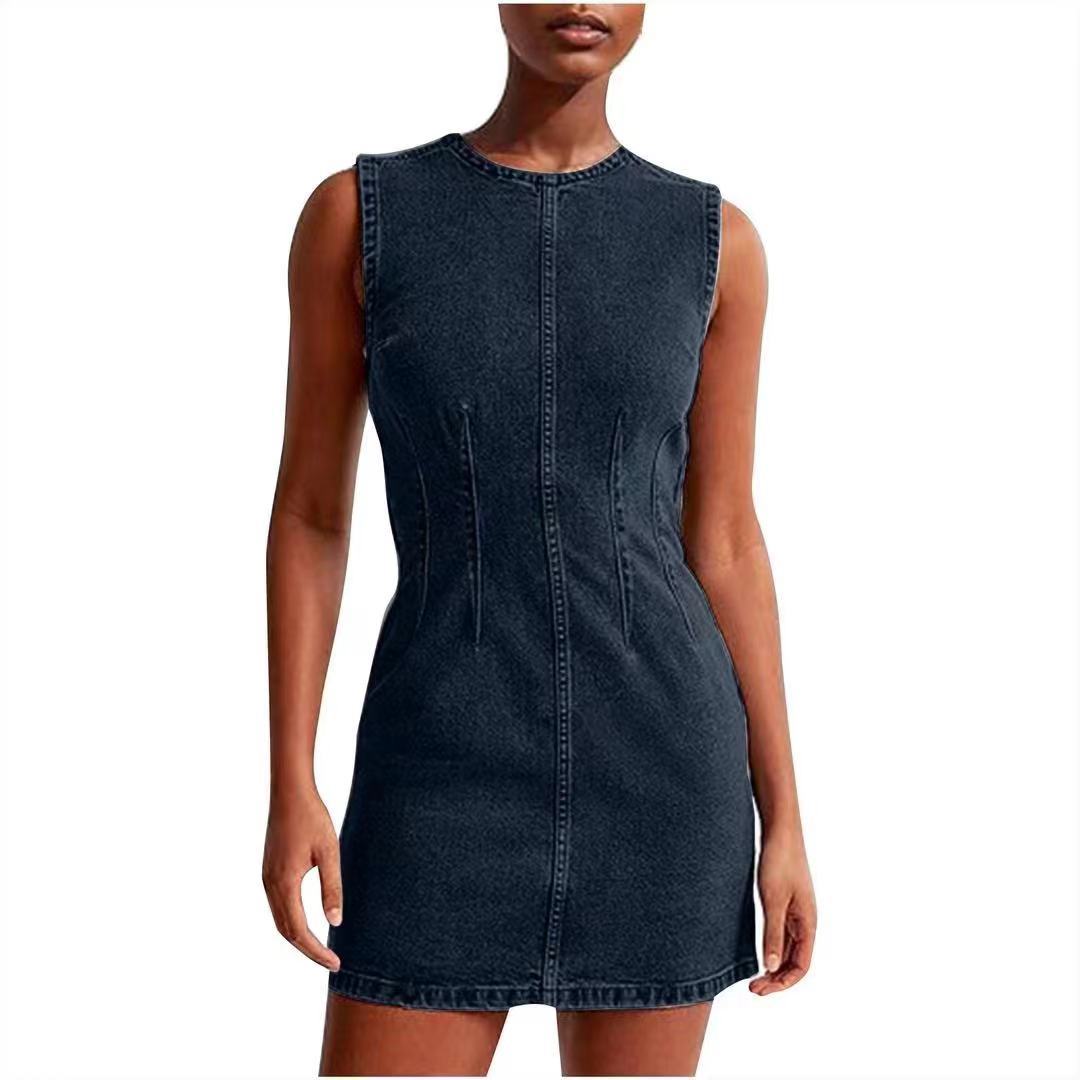 LADIES SHORT SLEEVELESS DENIM DRESS LIGHT BLUE DENIM / BLACK / WHITE / DARK BLUE DENIM (SIZE S - XL)