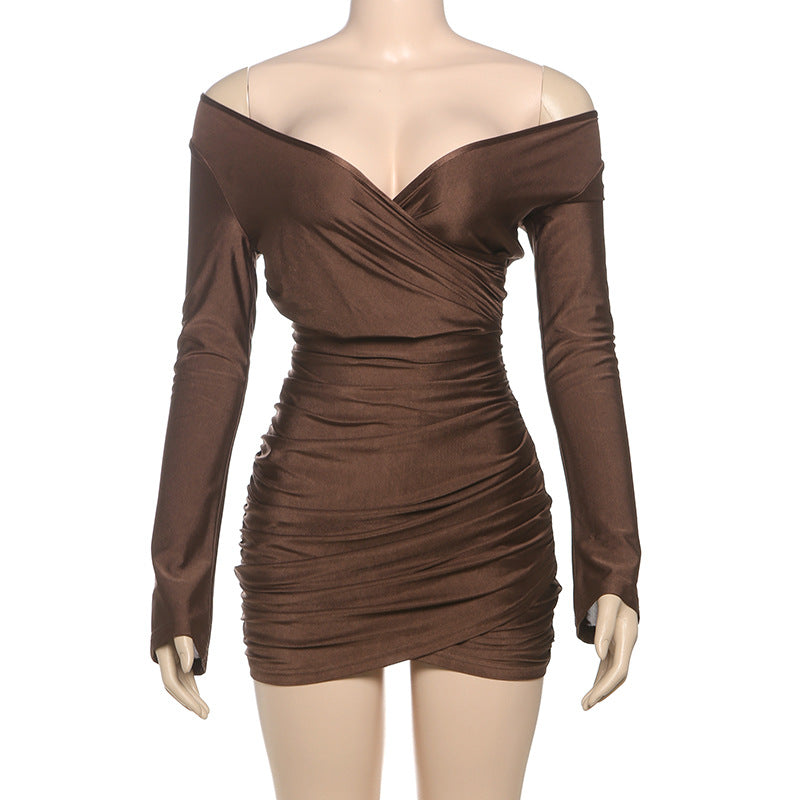 LADIES LONG SLEEVE MINI DRESS BROWN (SIZE S - L)
