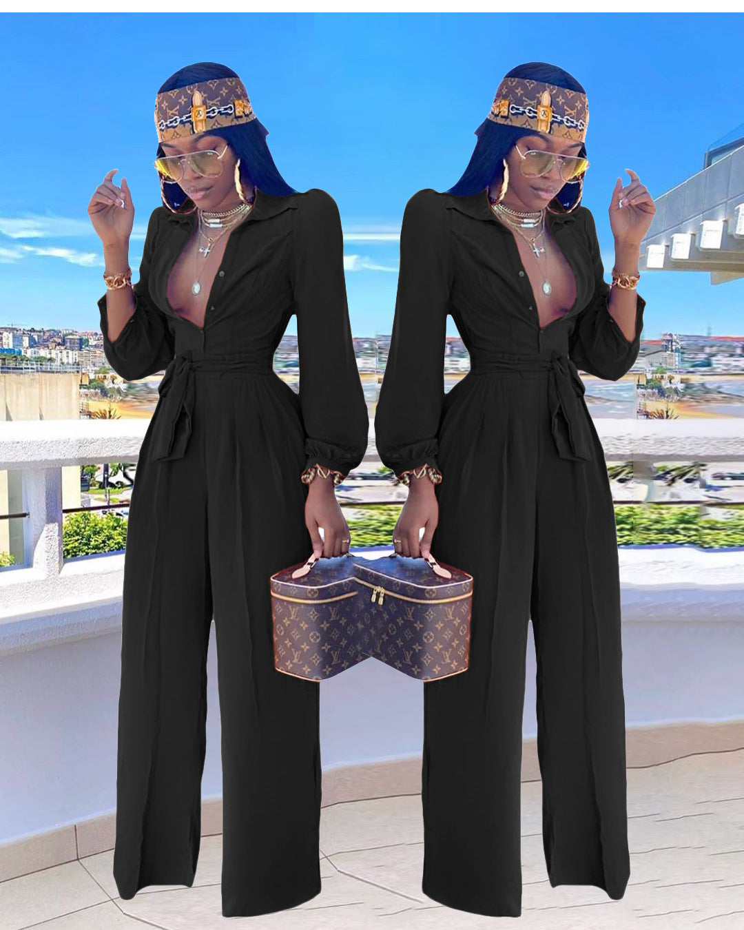 LADIES ONE PIECE JUMPSUIT WITH BELT BLACK (SIZE S - 2XL)