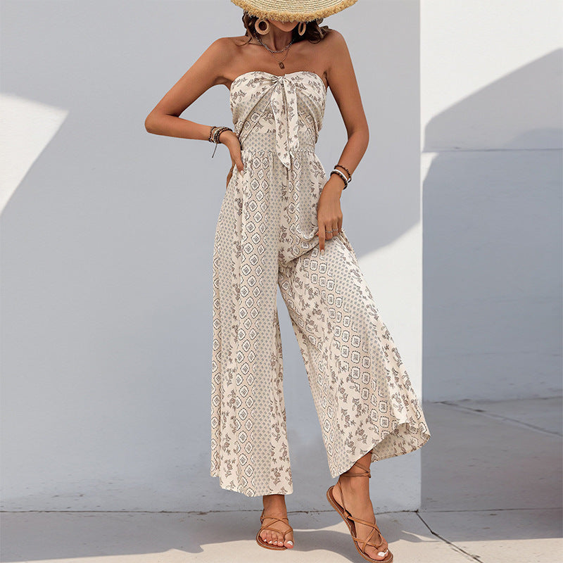 LADIES ONE PIECE STRAPLESS JUMPSUIT APRICOT-BEIGE / NAVY-BEIGE / YELLOW (SIZE S - XL)