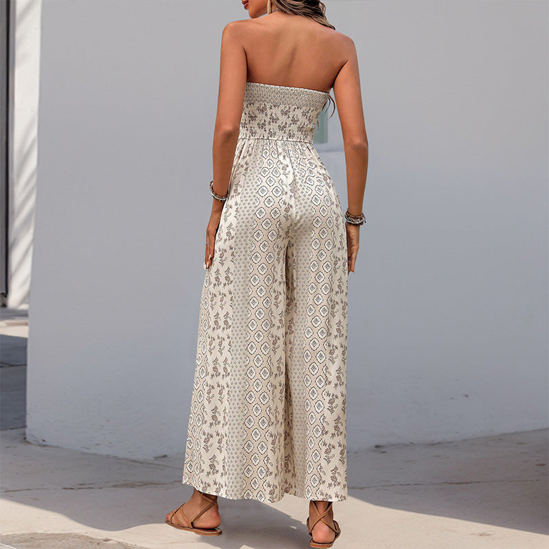 LADIES ONE PIECE STRAPLESS JUMPSUIT APRICOT-BEIGE / NAVY-BEIGE / YELLOW (SIZE S - XL)